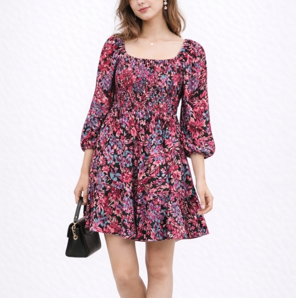 Nanette Lepore Smocked Floral Print Lined Fit And Flare Dress Size 6